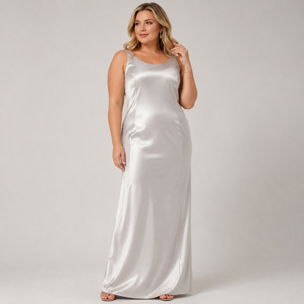 Caramia Maxi Dress Womens 14 Silver Satin Crepe Sleeveless Formal Evening